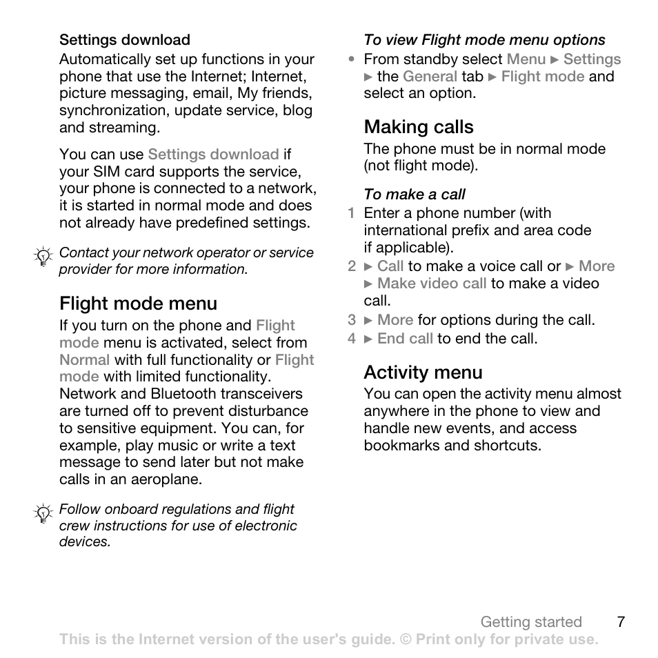 Flight mode menu, Making calls, Activity menu | Sony Ericsson K530i User Manual | Page 7 / 101