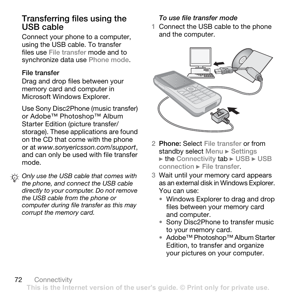 72 transferring files using the usb cable, 72 transferring, Files using the usb cable | Transferring files using the usb cable | Sony Ericsson K530i User Manual | Page 72 / 101