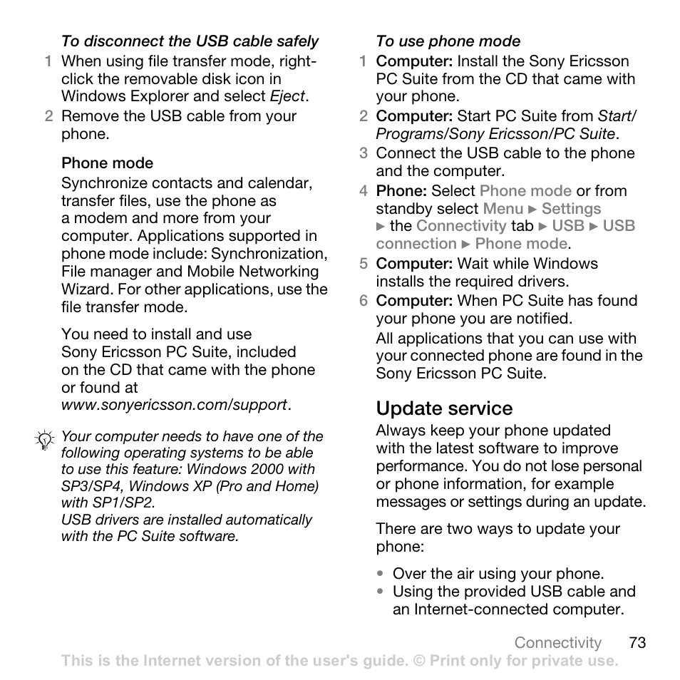 Update service | Sony Ericsson K530i User Manual | Page 73 / 101