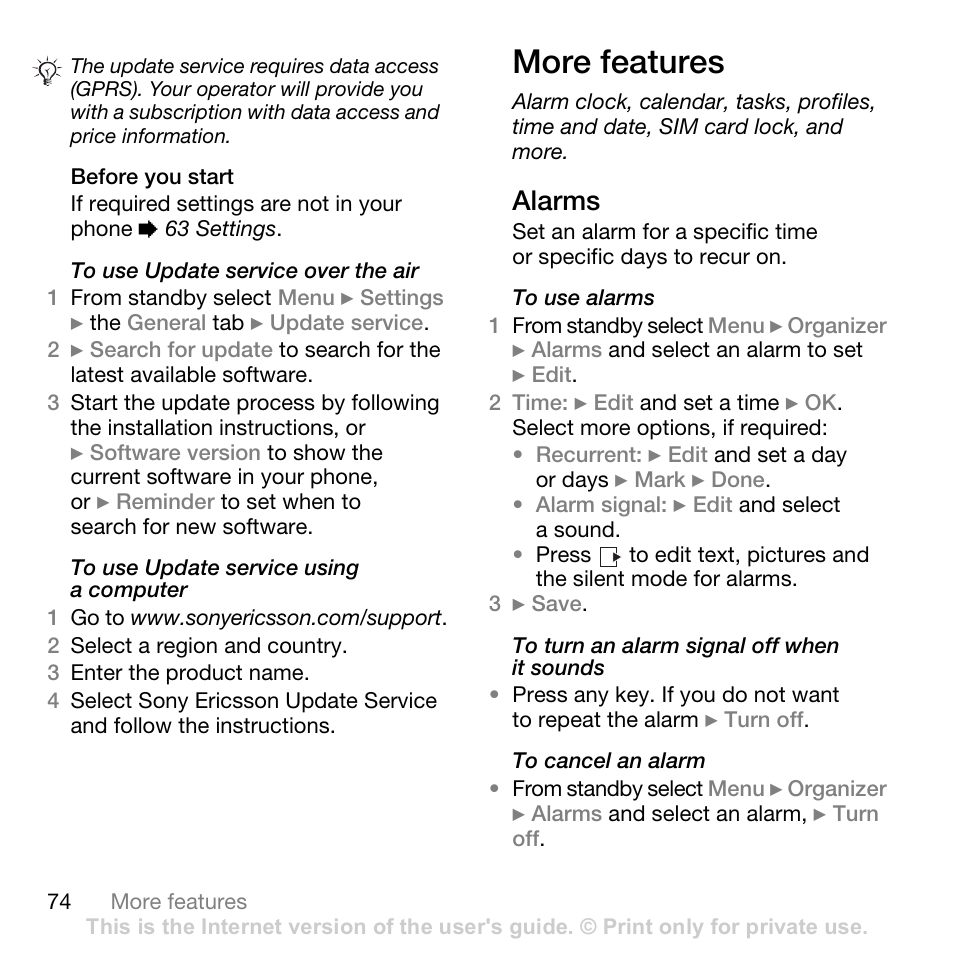 More features, Alarms | Sony Ericsson K530i User Manual | Page 74 / 101