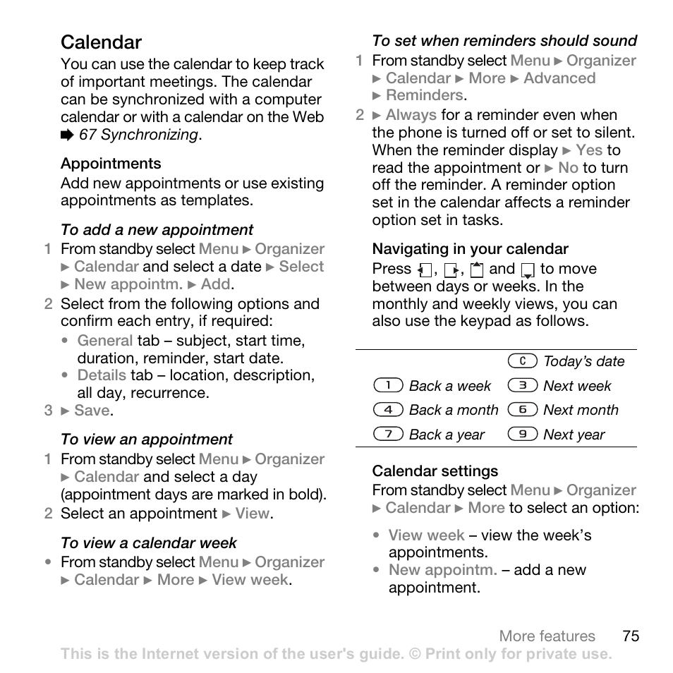 Calendar | Sony Ericsson K530i User Manual | Page 75 / 101