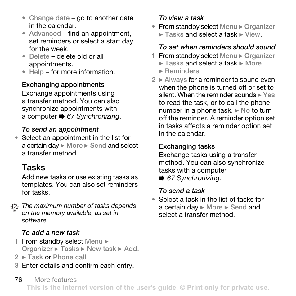 Tasks | Sony Ericsson K530i User Manual | Page 76 / 101