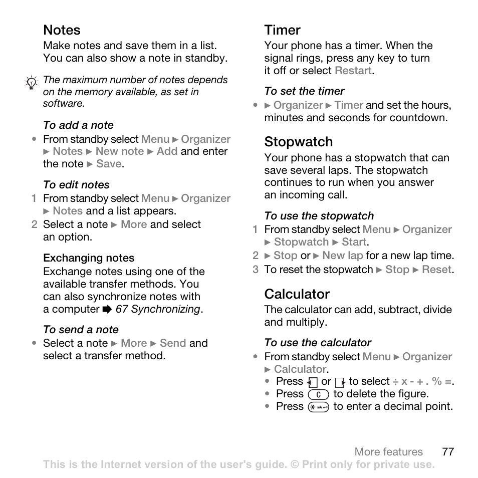 Timer, Stopwatch, Calculator | Sony Ericsson K530i User Manual | Page 77 / 101