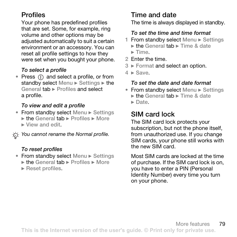 Profiles, Time and date, Sim card lock | Sony Ericsson K530i User Manual | Page 79 / 101