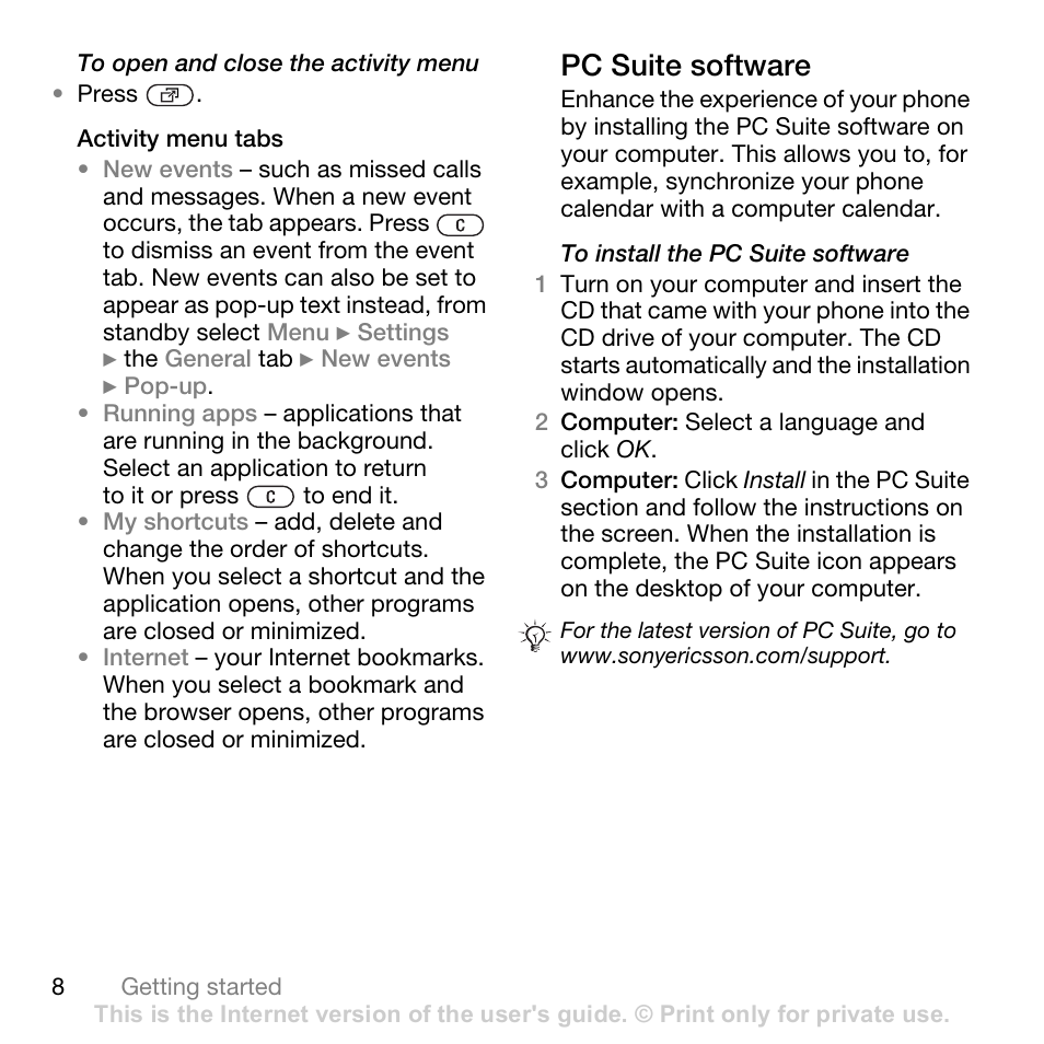 Pc suite software | Sony Ericsson K530i User Manual | Page 8 / 101