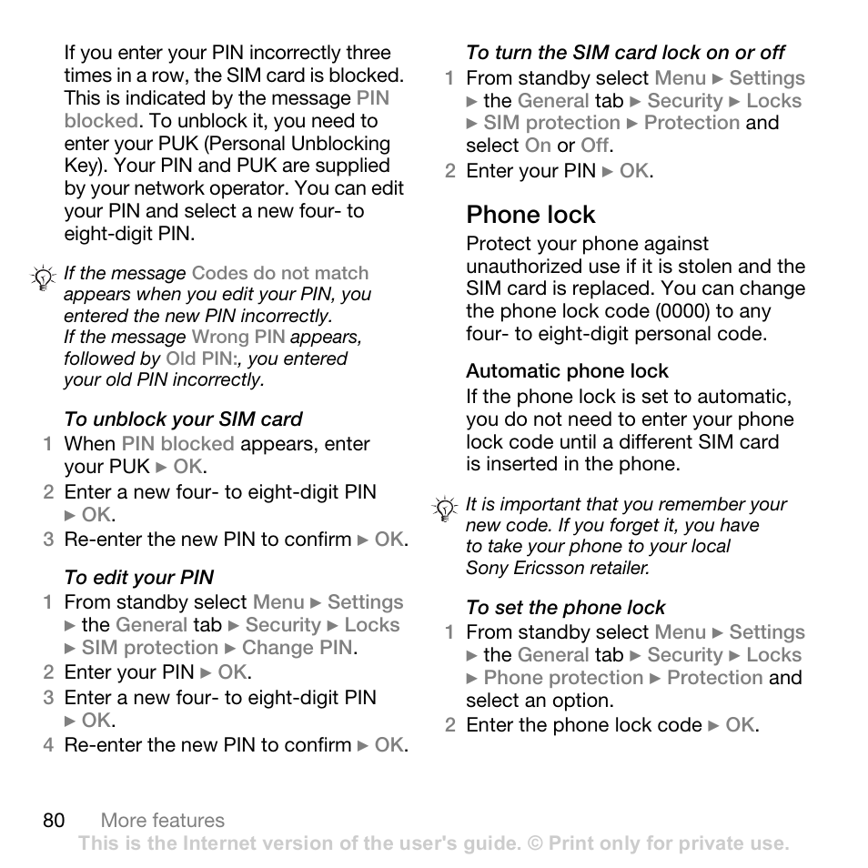 Phone lock | Sony Ericsson K530i User Manual | Page 80 / 101