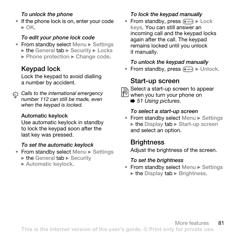 Keypad lock, Start-up screen, Brightness | Sony Ericsson K530i User Manual | Page 81 / 101