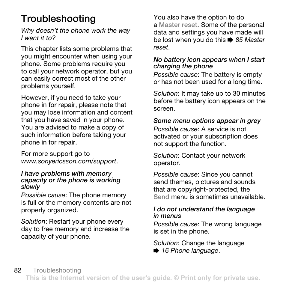 Troubleshooting, Why doesn’t the phone work the way i want it to | Sony Ericsson K530i User Manual | Page 82 / 101