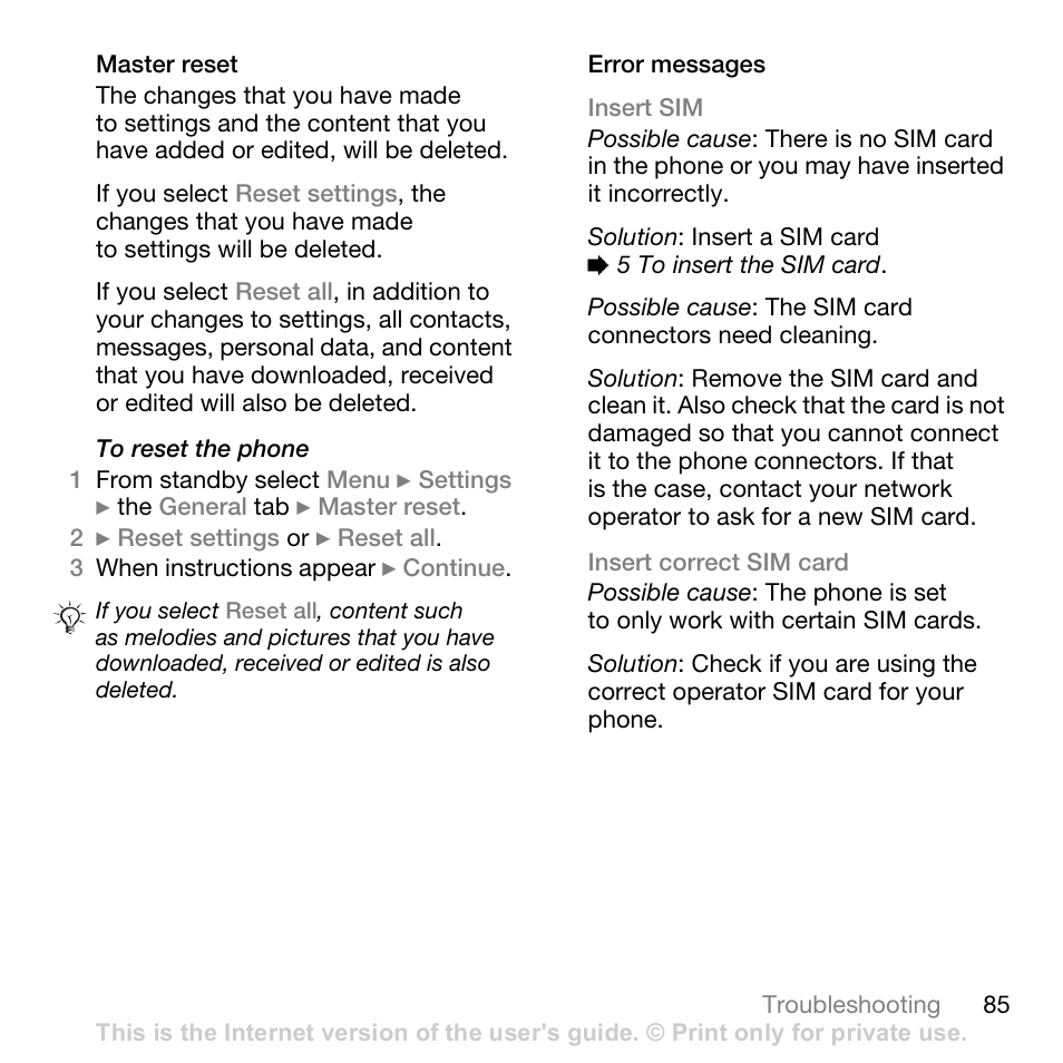 This, 85 master, Reset | Sony Ericsson K530i User Manual | Page 85 / 101