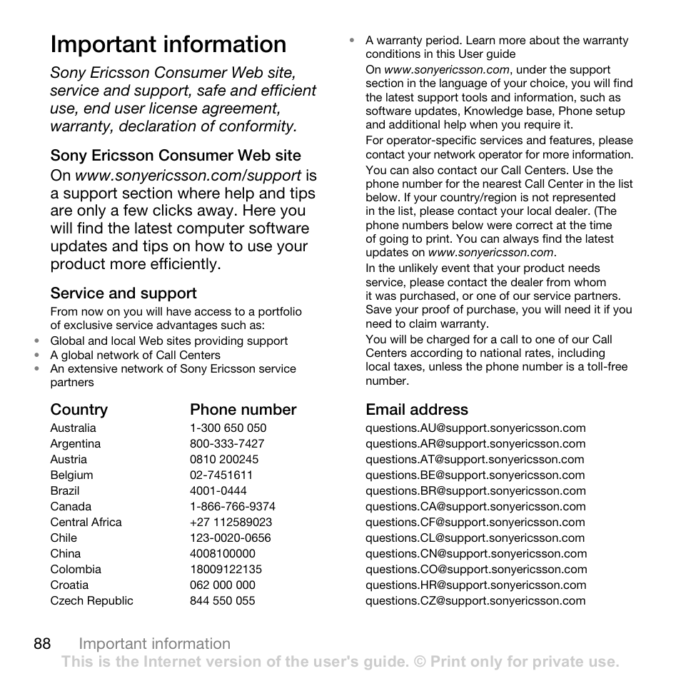 Important information, 88 important information, Country phone number email address | Sony Ericsson K530i User Manual | Page 88 / 101