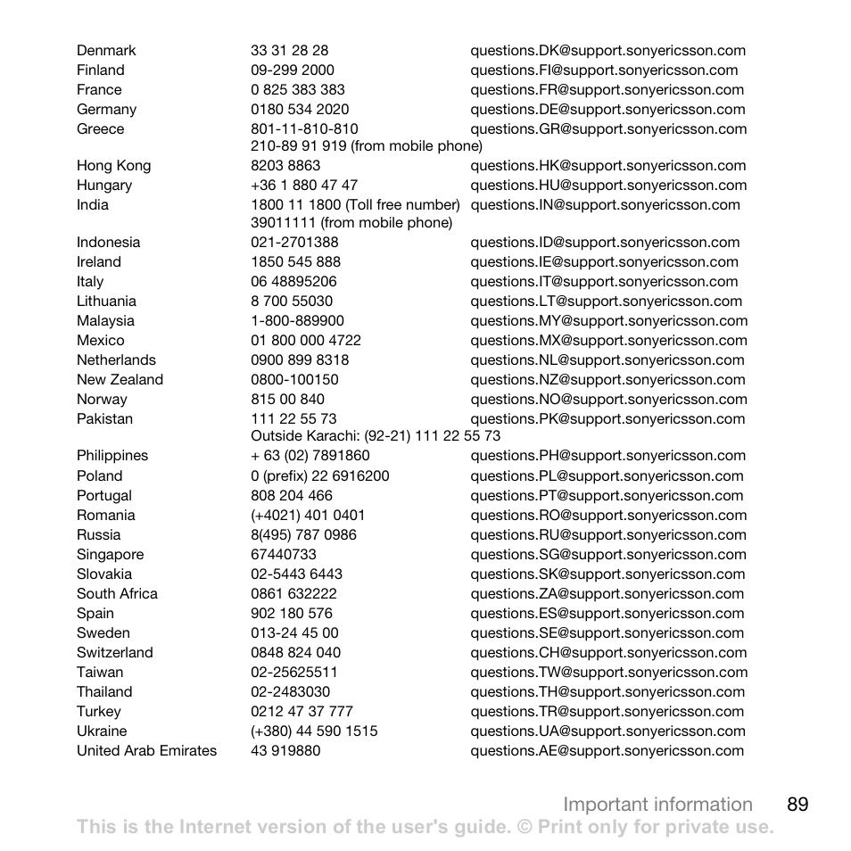 89 important information | Sony Ericsson K530i User Manual | Page 89 / 101