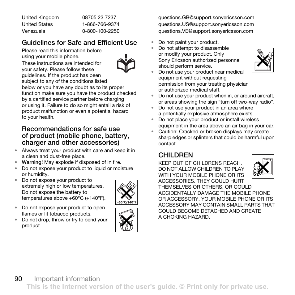 90 important information, Guidelines for safe and efficient use, Children | Sony Ericsson K530i User Manual | Page 90 / 101