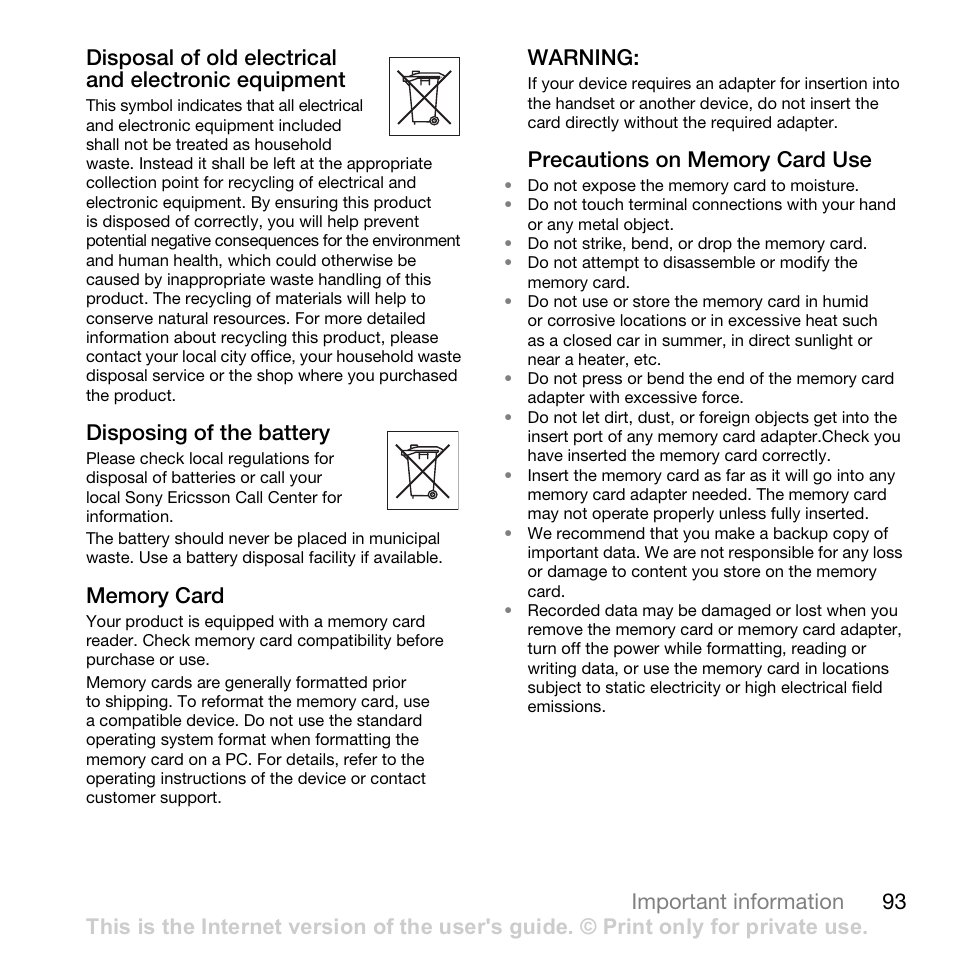 Disposing of the battery, Warning | Sony Ericsson K530i User Manual | Page 93 / 101