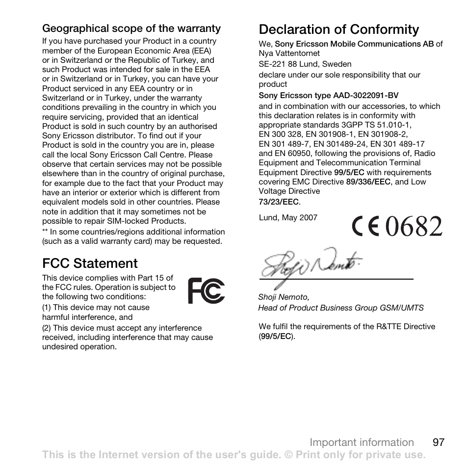 Fcc statement, Declaration of conformity | Sony Ericsson K530i User Manual | Page 97 / 101