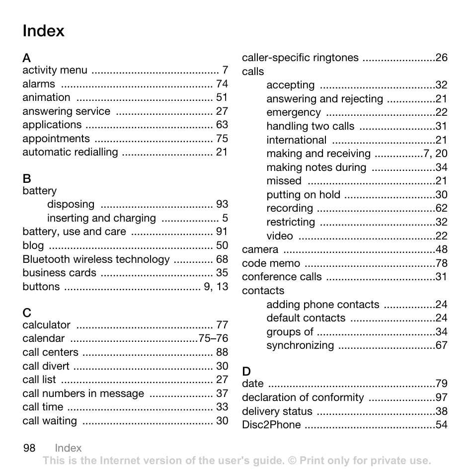 Index | Sony Ericsson K530i User Manual | Page 98 / 101