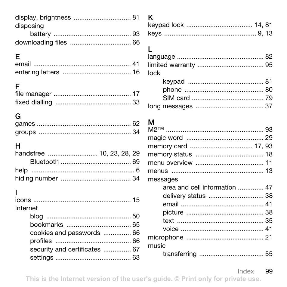 Sony Ericsson K530i User Manual | Page 99 / 101