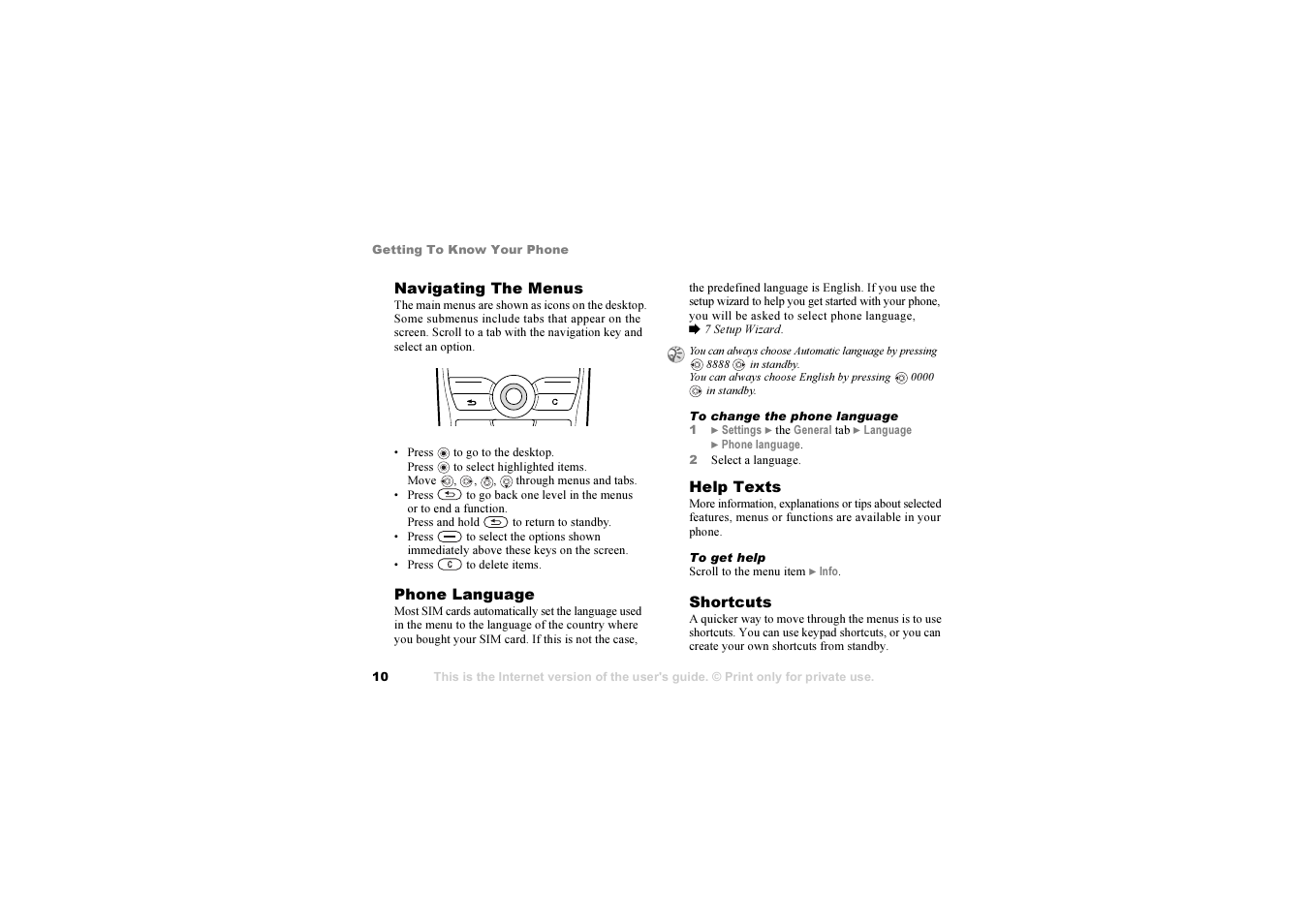 10 navigating the menus | Sony Ericsson K 00I5 User Manual | Page 10 / 93