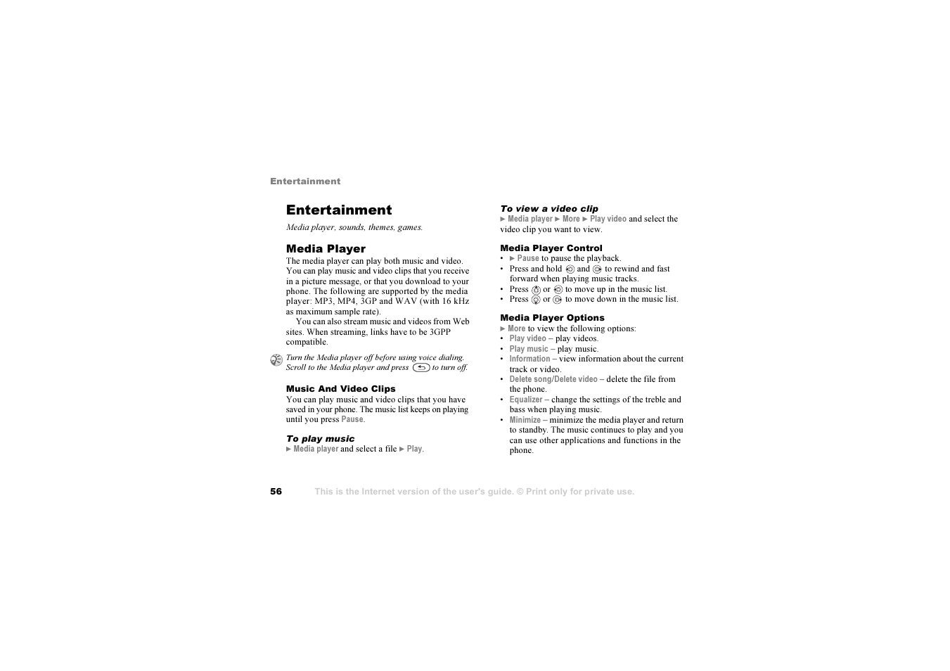 Entertainment, Media player, sounds, themes, games | Sony Ericsson K 00I5 User Manual | Page 56 / 93