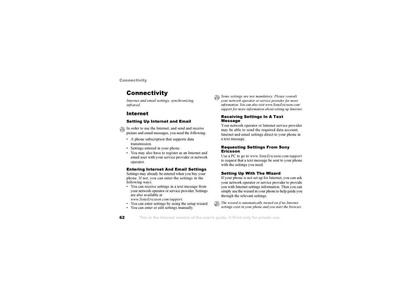 Connectivity, 62 setting up, Internet and emai | 62 entering, Internet and email settings | Sony Ericsson K 00I5 User Manual | Page 62 / 93