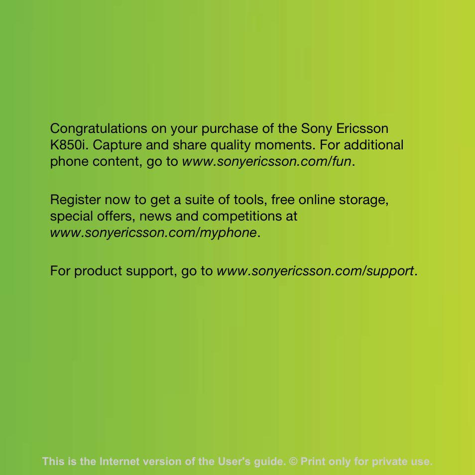 Sony Ericsson K850i User Manual | 84 pages