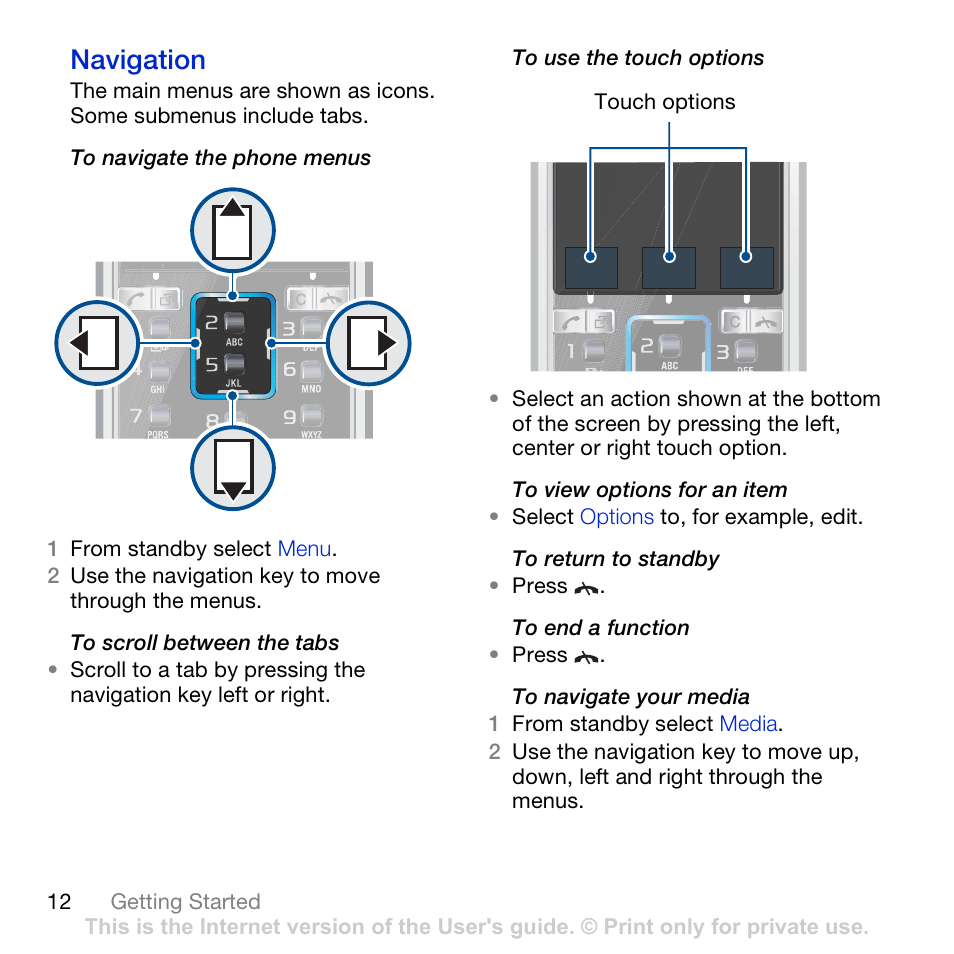 Navigation, Ge 12 | Sony Ericsson K850i User Manual | Page 14 / 84