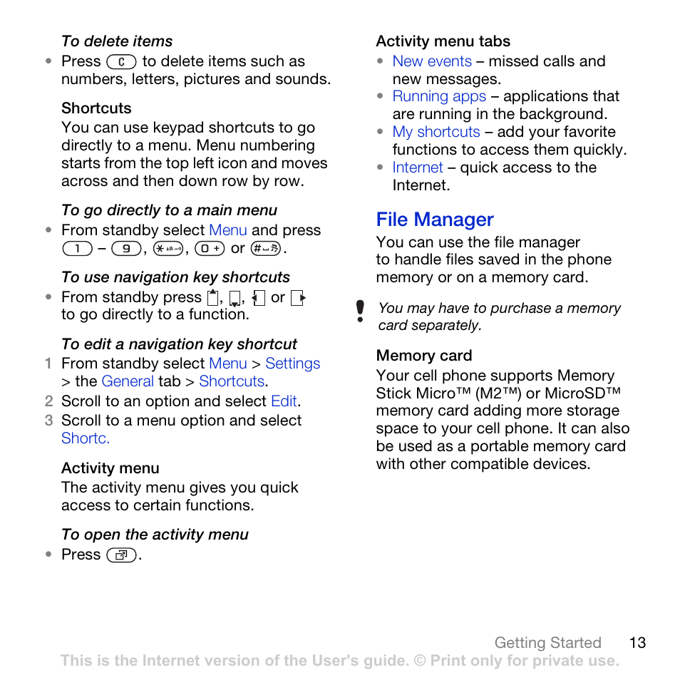 File manager | Sony Ericsson K850i User Manual | Page 15 / 84