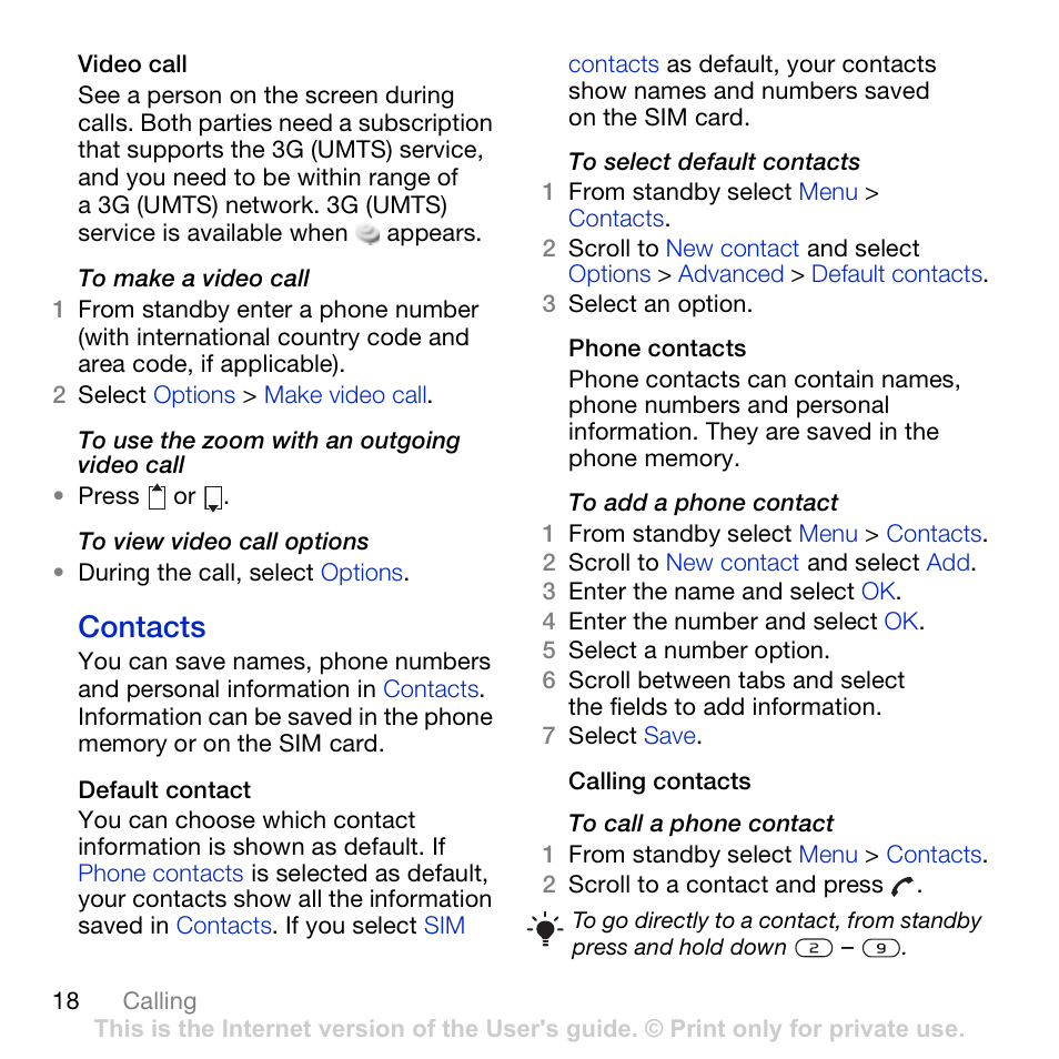 Contacts, Video call, Contacts on pa | Sony Ericsson K850i User Manual | Page 20 / 84