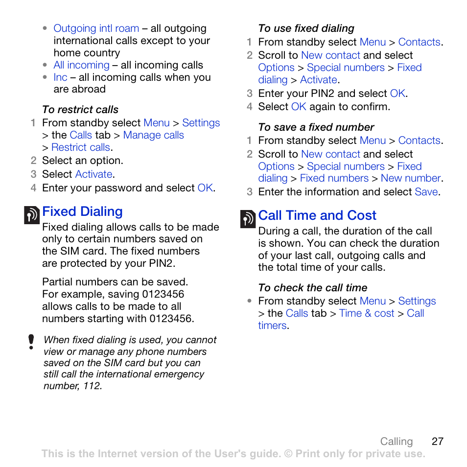Fixed dialing call time and cost, Fixed dialing, Call time and cost | Sony Ericsson K850i User Manual | Page 29 / 84