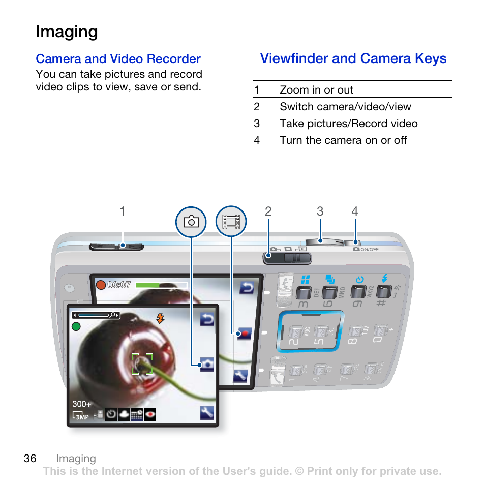 Imaging, Viewfinder and camera keys | Sony Ericsson K850i User Manual | Page 38 / 84