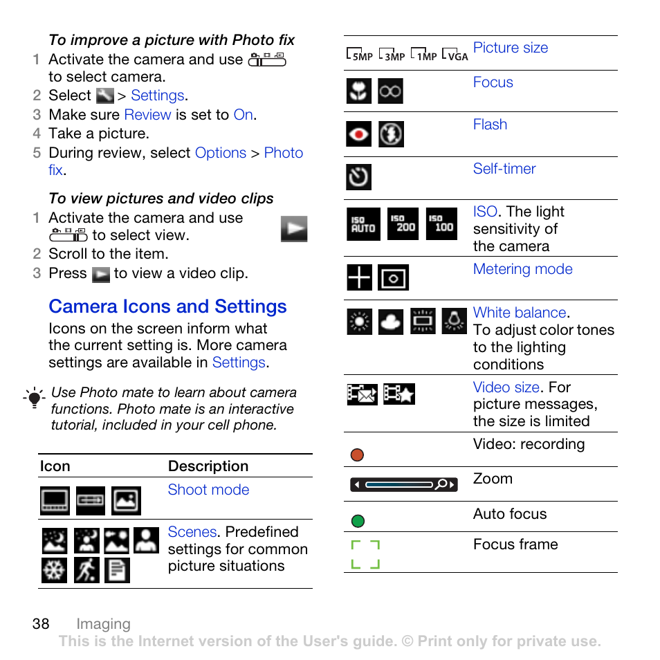 Camera icons and settings | Sony Ericsson K850i User Manual | Page 40 / 84