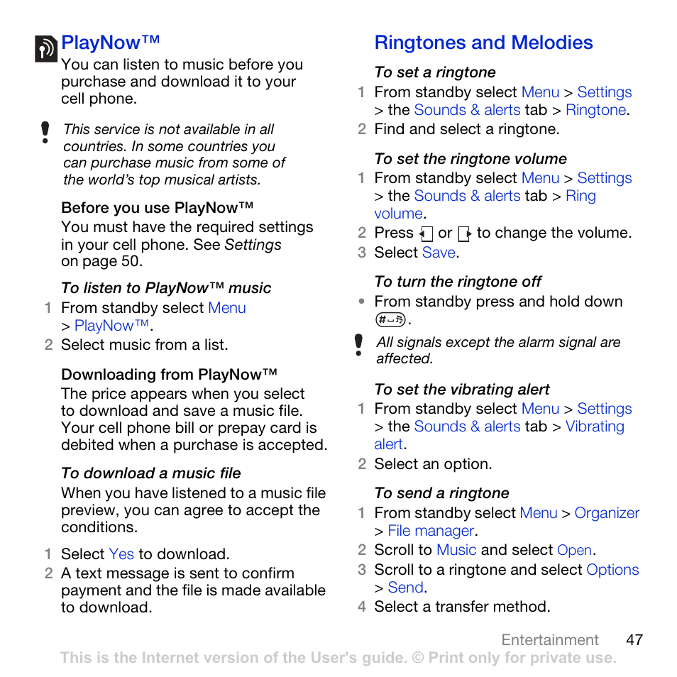 Playnow™ ringtones and melodies, Playnow, Ringtones and melodies | Sony Ericsson K850i User Manual | Page 49 / 84