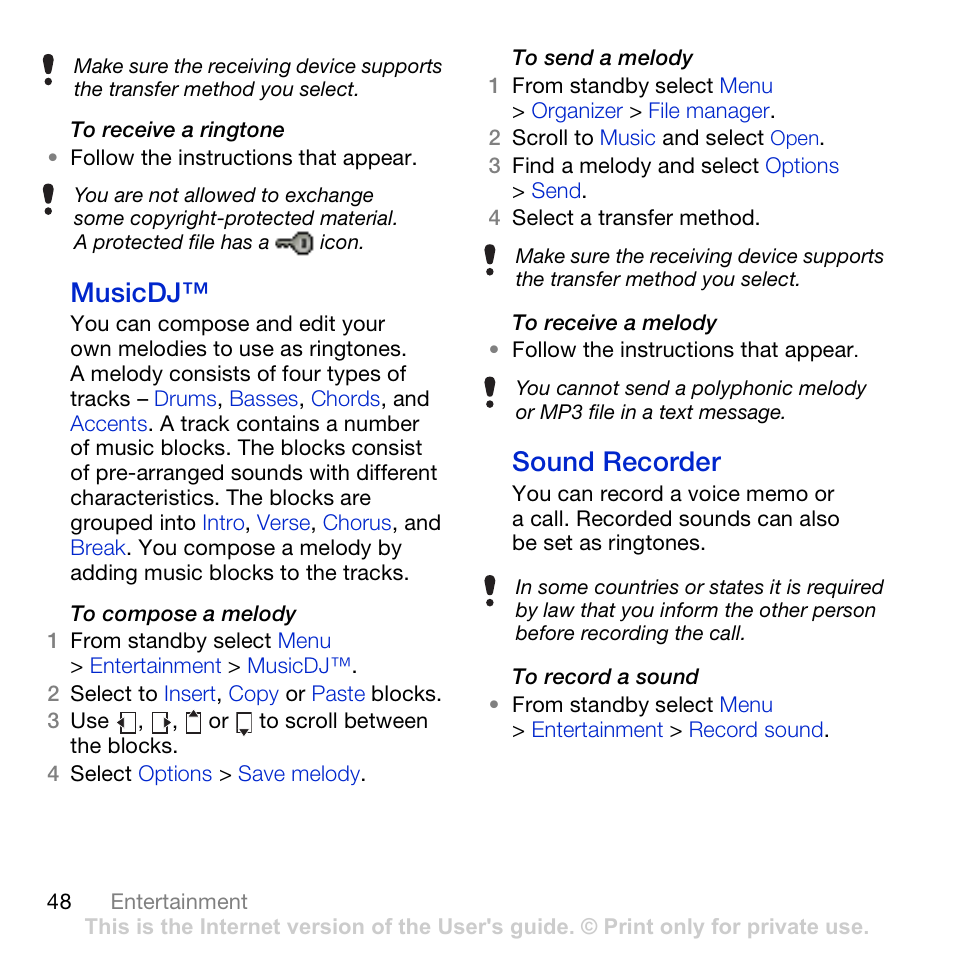 Musicdj™ sound recorder, Musicdj, Sound recorder | Sony Ericsson K850i User Manual | Page 50 / 84