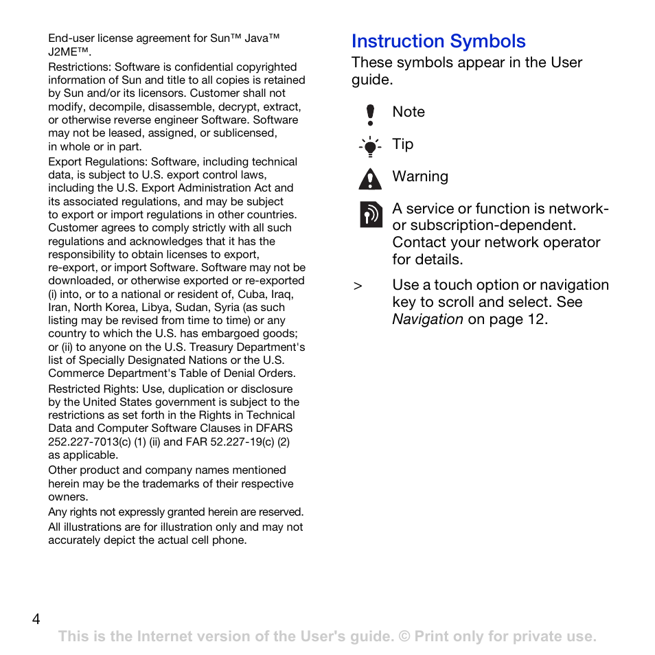 Instruction symbols | Sony Ericsson K850i User Manual | Page 6 / 84