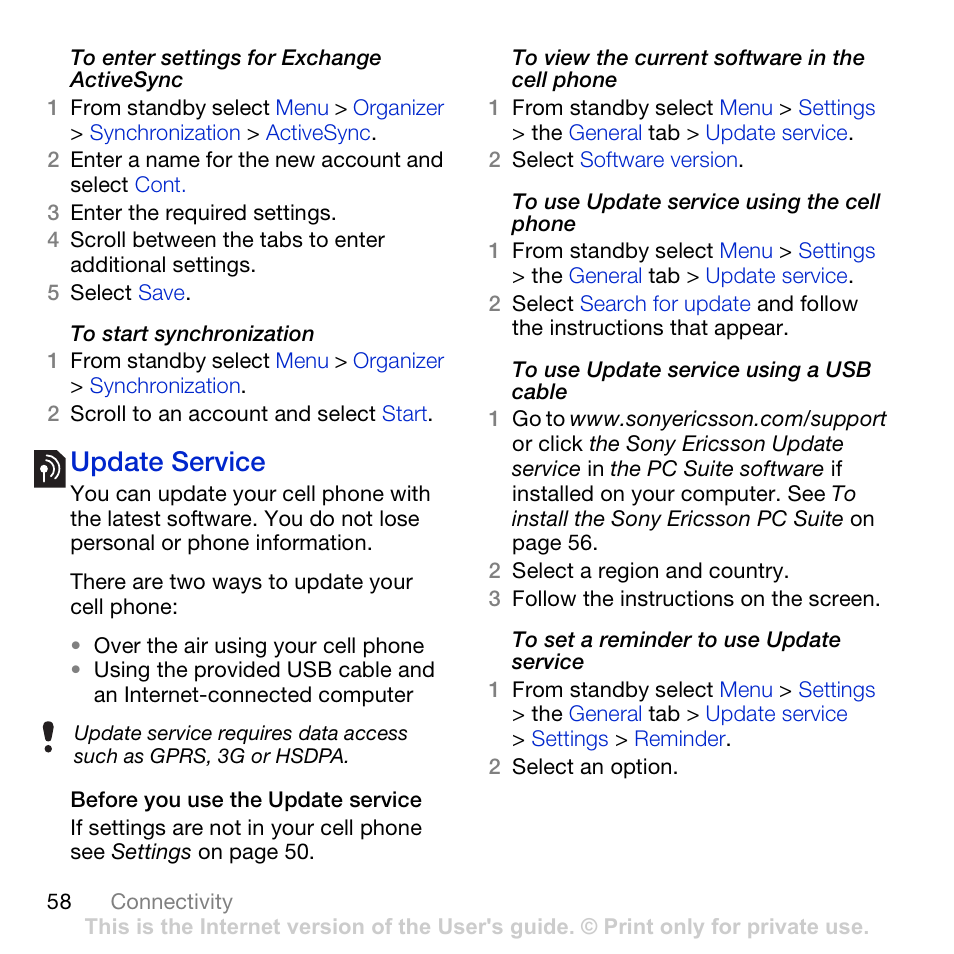 Update service | Sony Ericsson K850i User Manual | Page 60 / 84