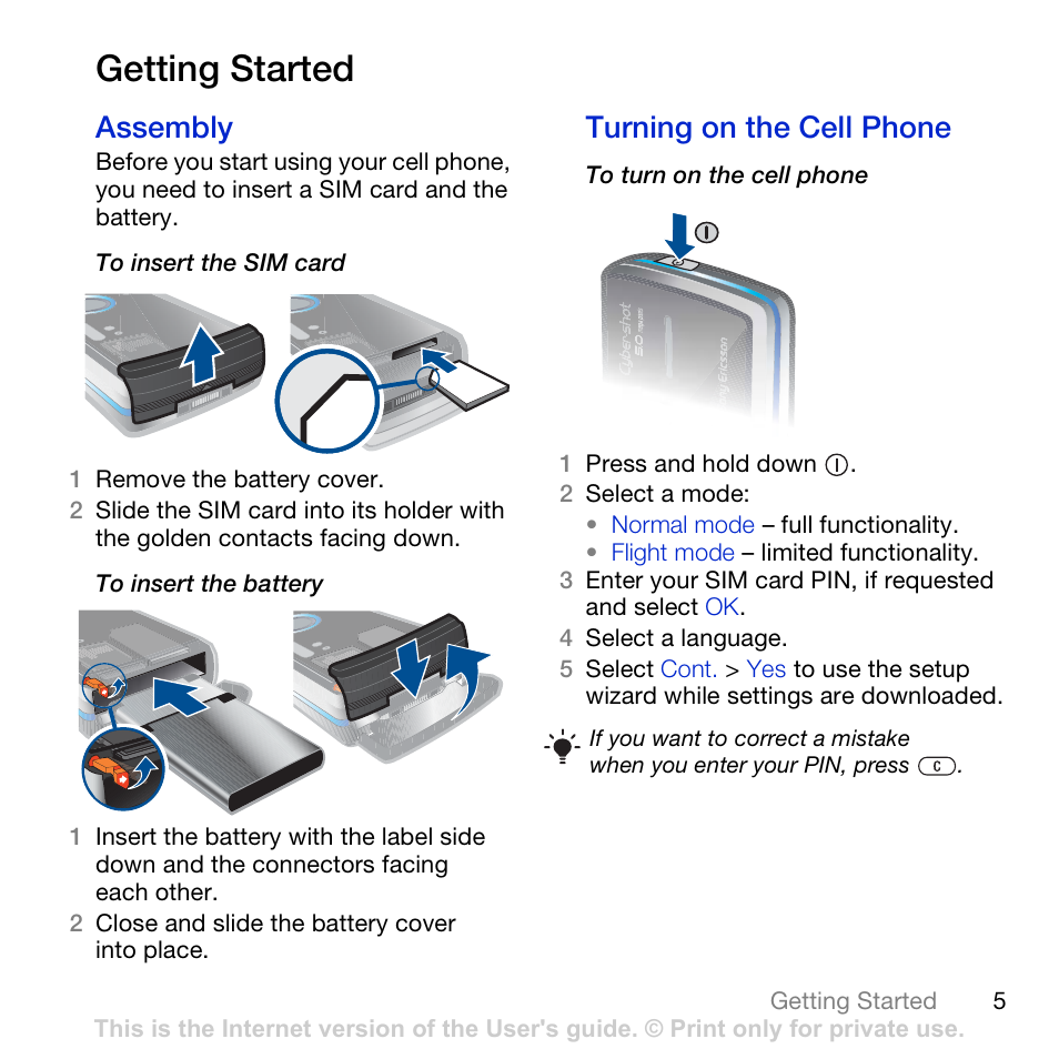 Getting started, Assembly turning on the cell phone, Assembly | Turning on the cell phone | Sony Ericsson K850i User Manual | Page 7 / 84