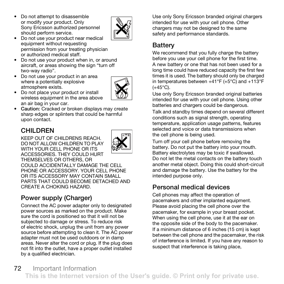 72 important information, Children, Power supply (charger) | Battery, Personal medical devices | Sony Ericsson K850i User Manual | Page 74 / 84