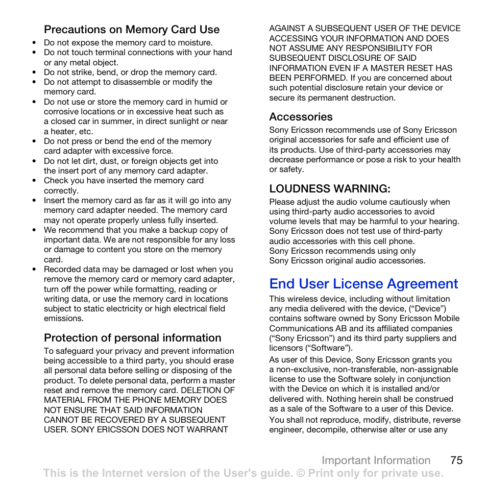 End user license agreement, Protection of personal information, Accessories | Loudness warning | Sony Ericsson K850i User Manual | Page 77 / 84