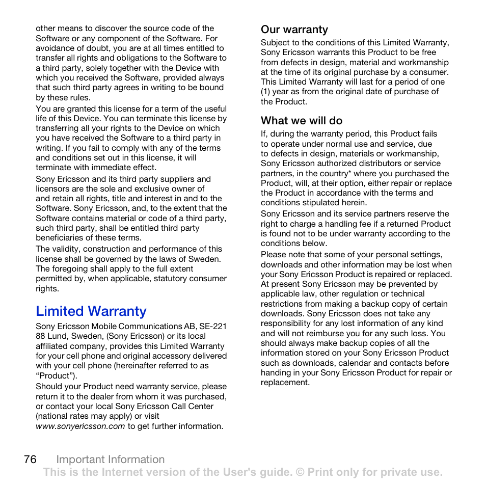 Limited warranty | Sony Ericsson K850i User Manual | Page 78 / 84