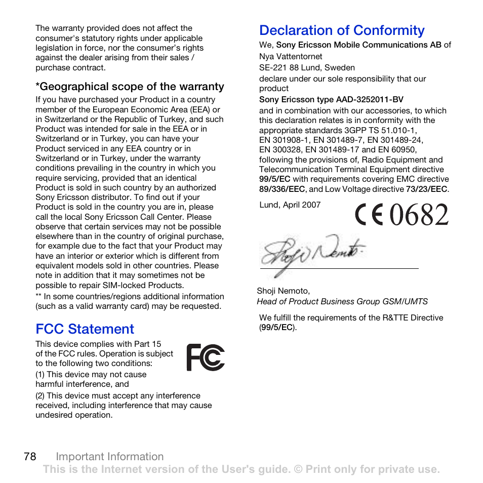 Fcc statement, Declaration of conformity | Sony Ericsson K850i User Manual | Page 80 / 84