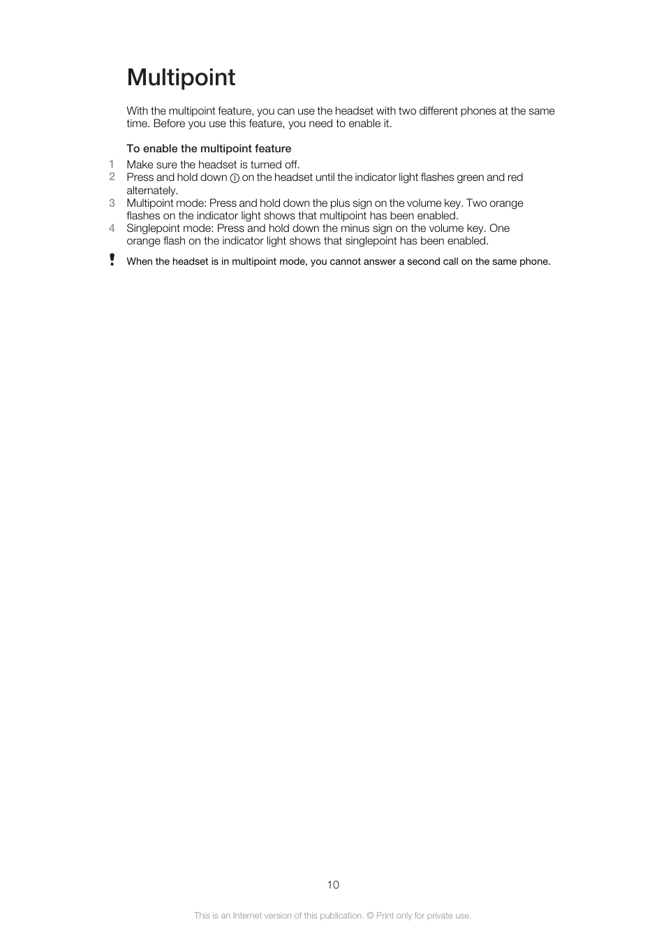 Multipoint | Sony Ericsson VH410 User Manual | Page 10 / 19