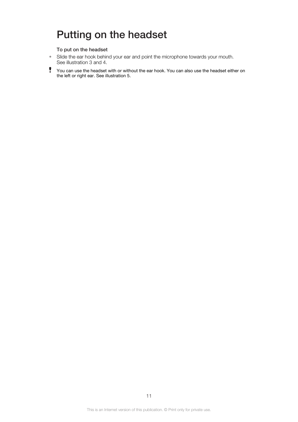 Putting on the headset | Sony Ericsson VH410 User Manual | Page 11 / 19