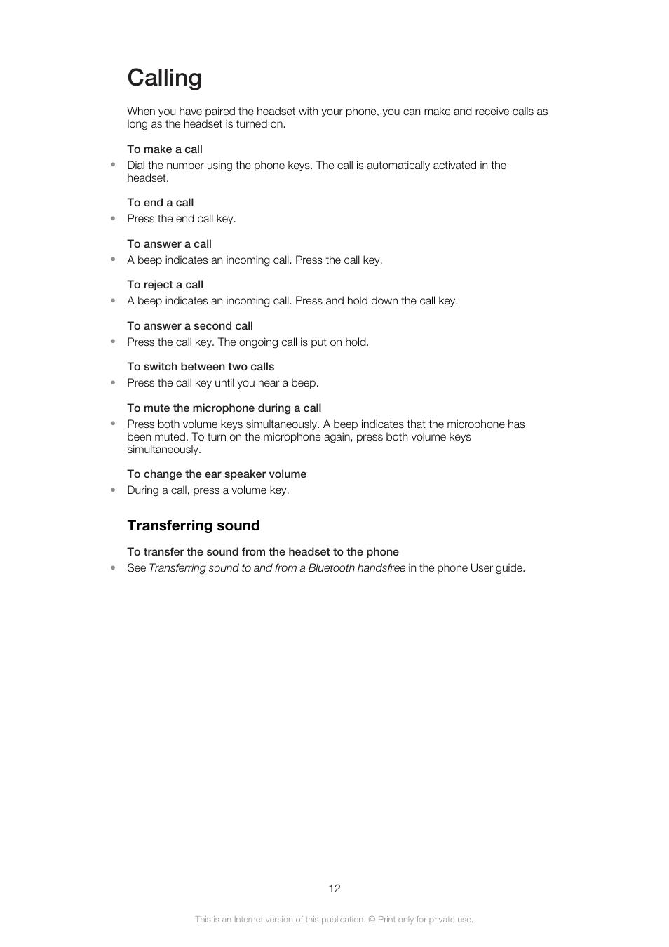 Calling, Transferring sound | Sony Ericsson VH410 User Manual | Page 12 / 19