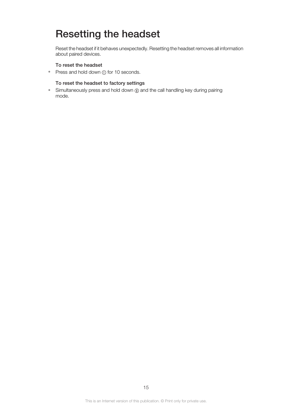 Resetting the headset | Sony Ericsson VH410 User Manual | Page 15 / 19