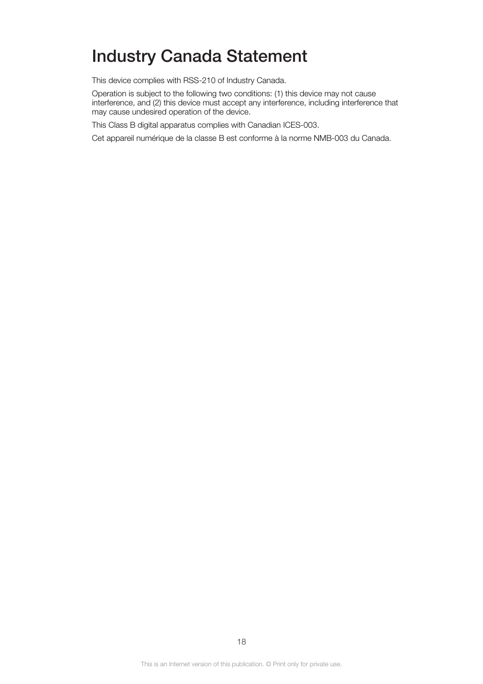 Industry canada statement | Sony Ericsson VH410 User Manual | Page 18 / 19