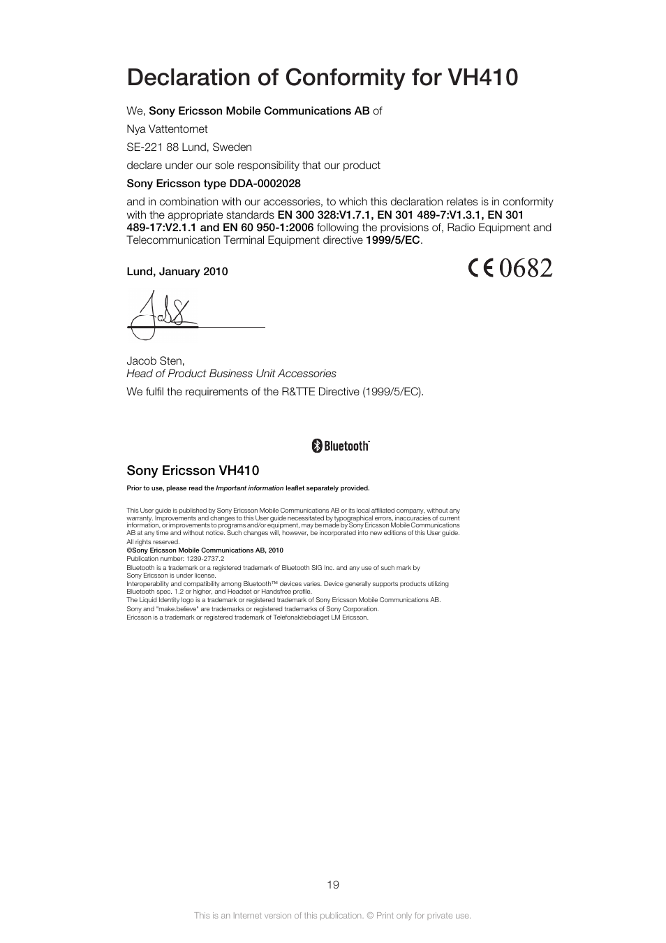 Declaration of conformity for vh410, Sony ericsson vh410 | Sony Ericsson VH410 User Manual | Page 19 / 19