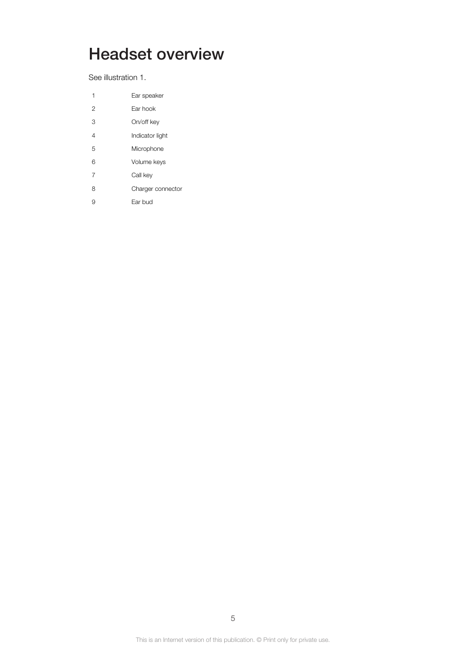 Headset overview | Sony Ericsson VH410 User Manual | Page 5 / 19