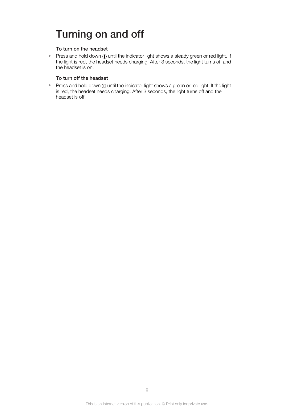 Turning on and off | Sony Ericsson VH410 User Manual | Page 8 / 19