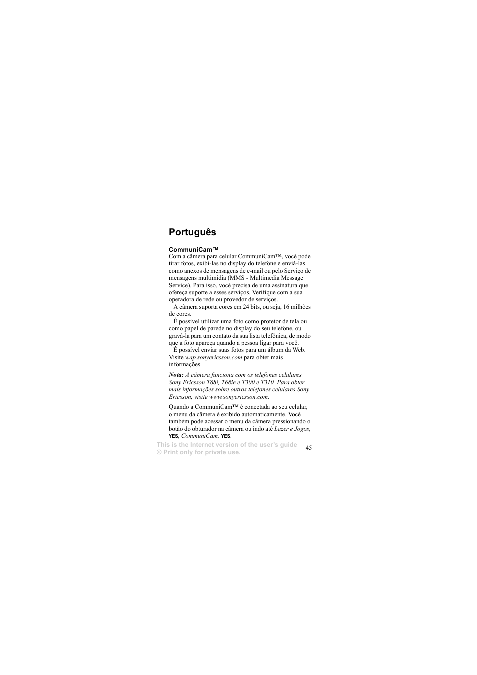 Português, Português 45 | Sony Ericsson COMMUNICAM MCA-25 User Manual | Page 44 / 62
