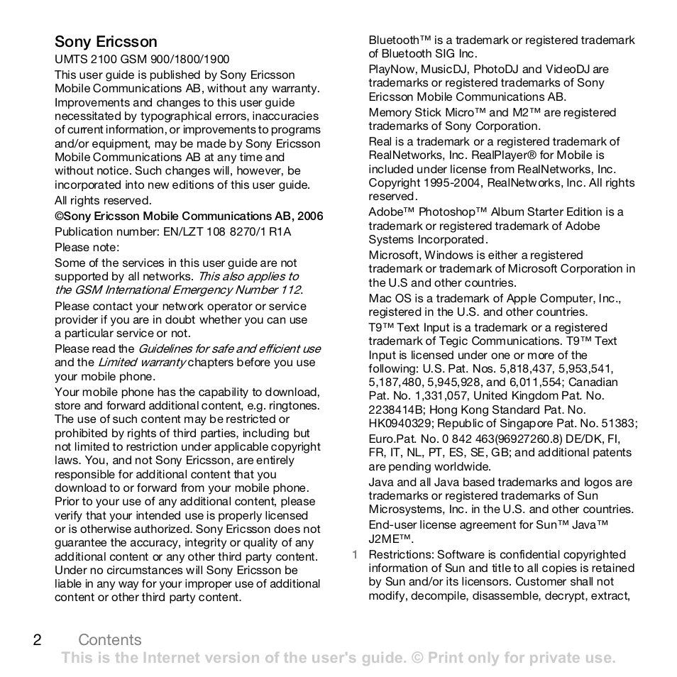 2contents sony ericsson | Sony Ericsson Z610i User Manual | Page 2 / 95