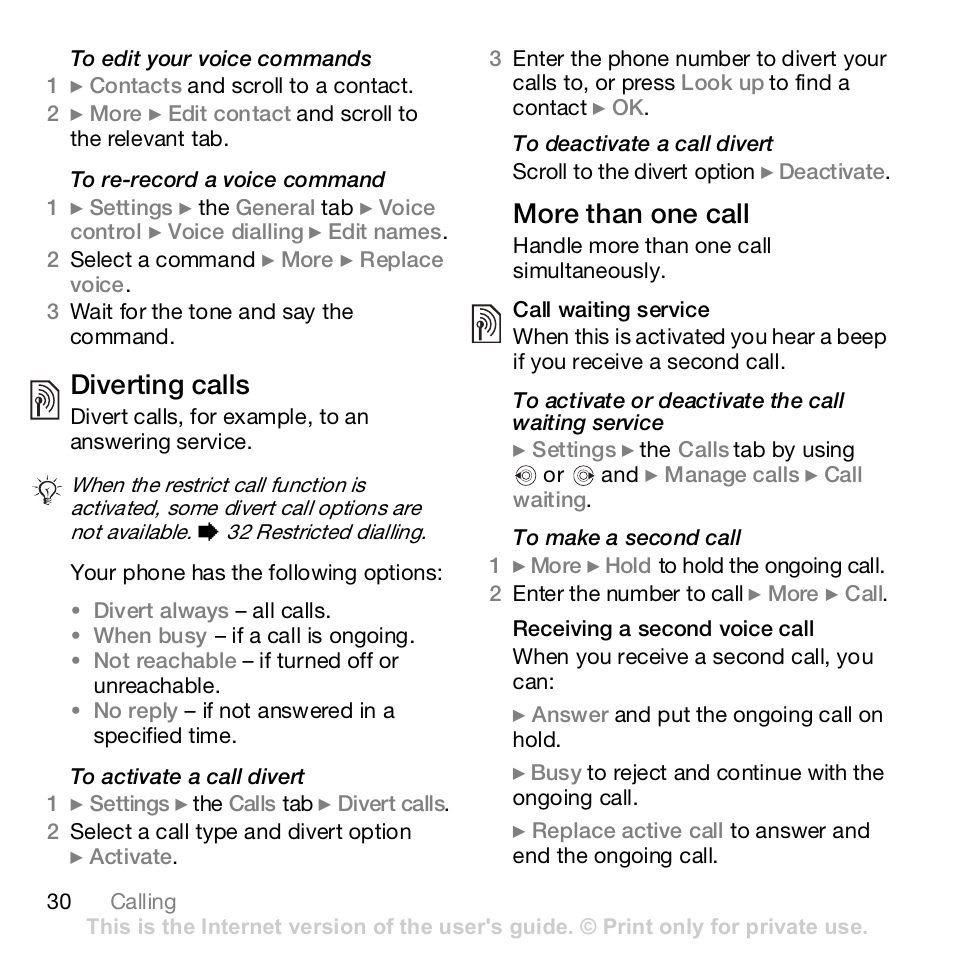 Diverting calls, More than one call | Sony Ericsson Z610i User Manual | Page 30 / 95